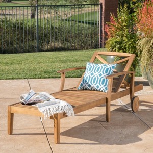 GDFStudio Abena Outdoor Acacia Wood Adjustable Chaise Lounge with Wheels - 1 of 4