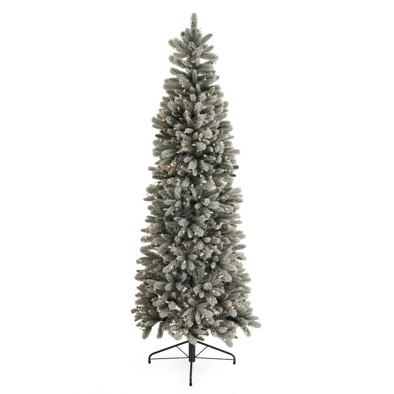Home Heritage Anson 7-Foot Pencil Slim Pine Flocked Artificial Christmas Tree Prelit with 350 Clear Incandescent Lights, 938 PVC Tips, and Stand, 1 of 7
