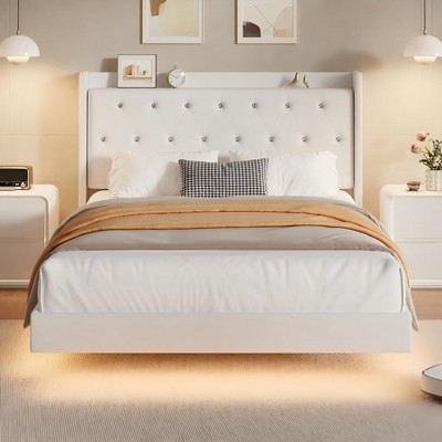 Bed Frame with Storage Shelves, Modern Upholstered Headboard, Heavy Duty Metal Slats, No Box Spring Needed, Noise Free