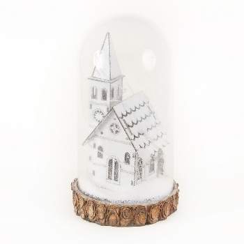 LuxenHome Lighted Snow-Covered White Church Glass Lantern