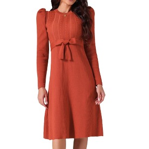 Seta T Women's Puff Long Sleeve Crewneck Tie Waist A-Line Ribbed Knit Midi Sweater Dress - 1 of 4