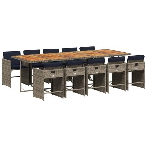 vidaXL 11 Piece Patio Dining Set with Cushions – Outdoor Garden Backyard Furniture – Gray Poly Rattan, Acacia Wood Tabletop, Navy Blue Cushions - 1 of 4