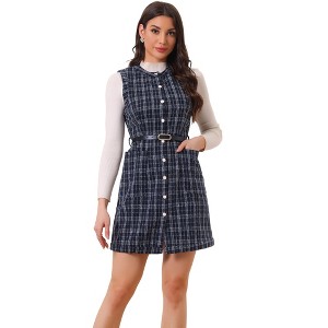 Allegra K Women's Sleeveless Button Elegant Vintage A-Line Round Neck Plaid Dress - 1 of 4