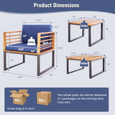Acacia Wood and Metal 5-Piece Patio Set with Navy Cushions