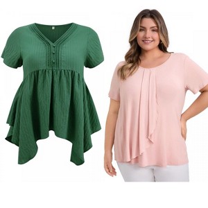 GRACE & GRANDEUR Women's Plus Size 2 Pcs Set Pleated Asymmetry Hem Tops and Texture Button Decor Blouses - 1 of 4