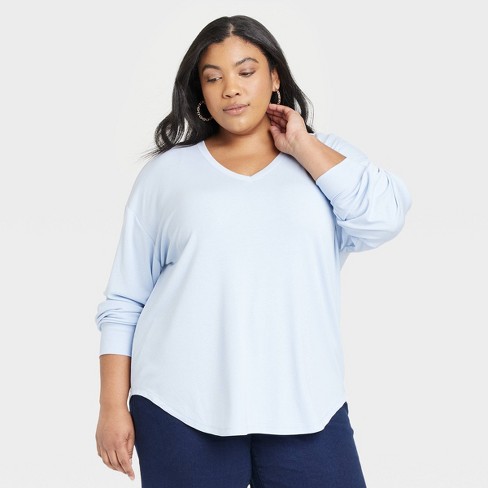 Women's Slim Fit Long Sleeve V-Neck Cozy Top - Ava & Viv™ Light Blue XXL