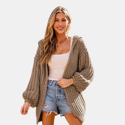 Women's Neutral Hooded Open Front Chunky Knit Cardigan - Cupshe