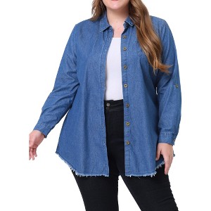 Agnes Orinda Women's Plus Size Chambray Lapel Roll Long Sleeve Button Down Curved Hem Casual Denim Shirts - 1 of 4