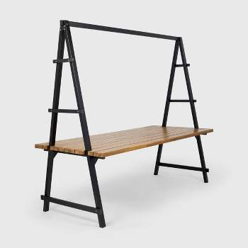 Huckleberry Rectangle Acacia Wood Patio Dining Table with Iron Plant Hanger Teak/Black - Christopher Knight Home