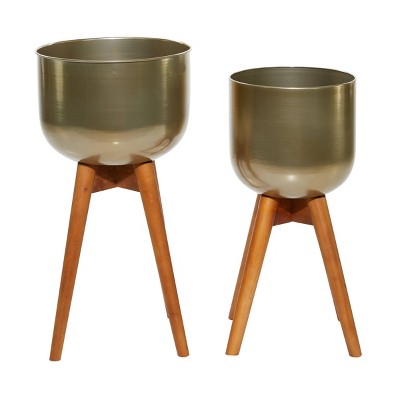 Set of 2 Metal Planters with Wood Base Gold - Olivia & May
