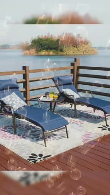 Blue Metal Chaise Lounge Set with Cushions and Table