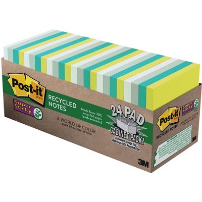 Post-it Sticky Recycled Notes, 3 x 3 Inches, Bora Bora Colors, 24 Pads with 90 Sheets