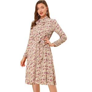 INSPIRE CHIC Women's Tie Neck Chiffon Long Sleeves Vintage Belted Floral Dress - 1 of 4