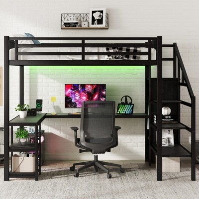 Metal Full Loft Bed with Wardrobe, Full Size Loft Bed with L Shaped Desk and USB for Kids Teens Adults, Black