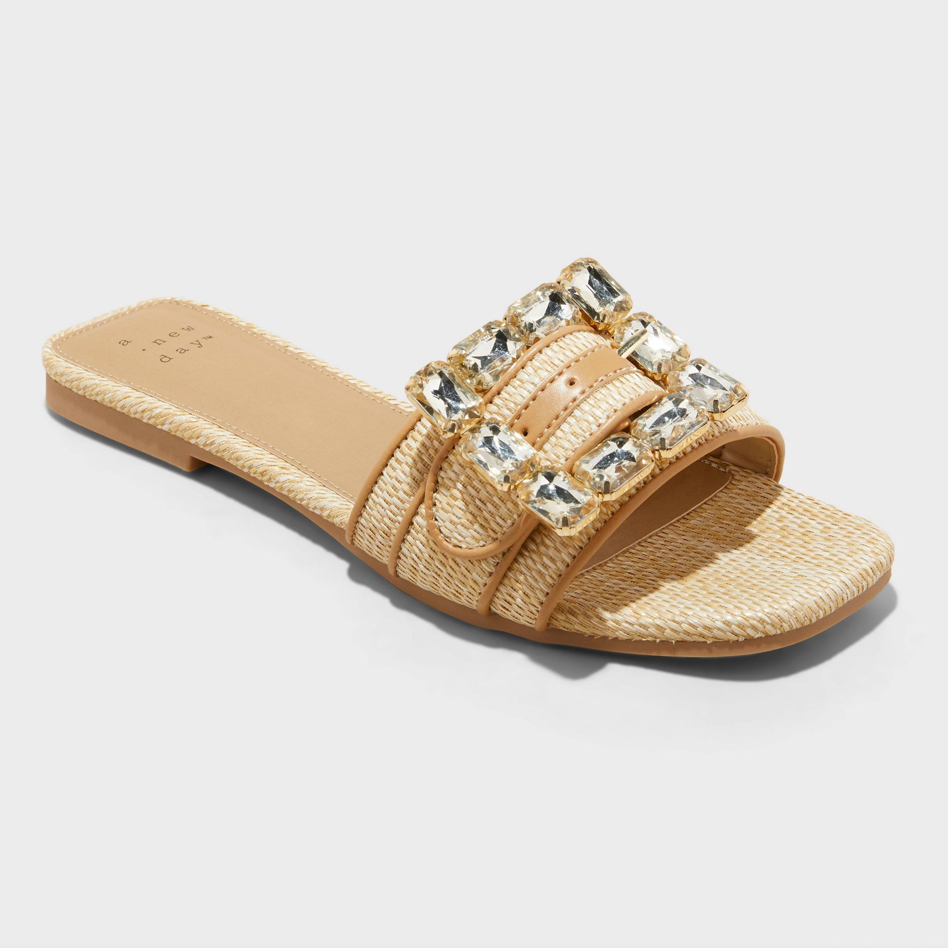 Women's Kelsey Rhinestone Buckle Slide Sandals - A New Day™ Tan 9: Square Toe, Block Heel