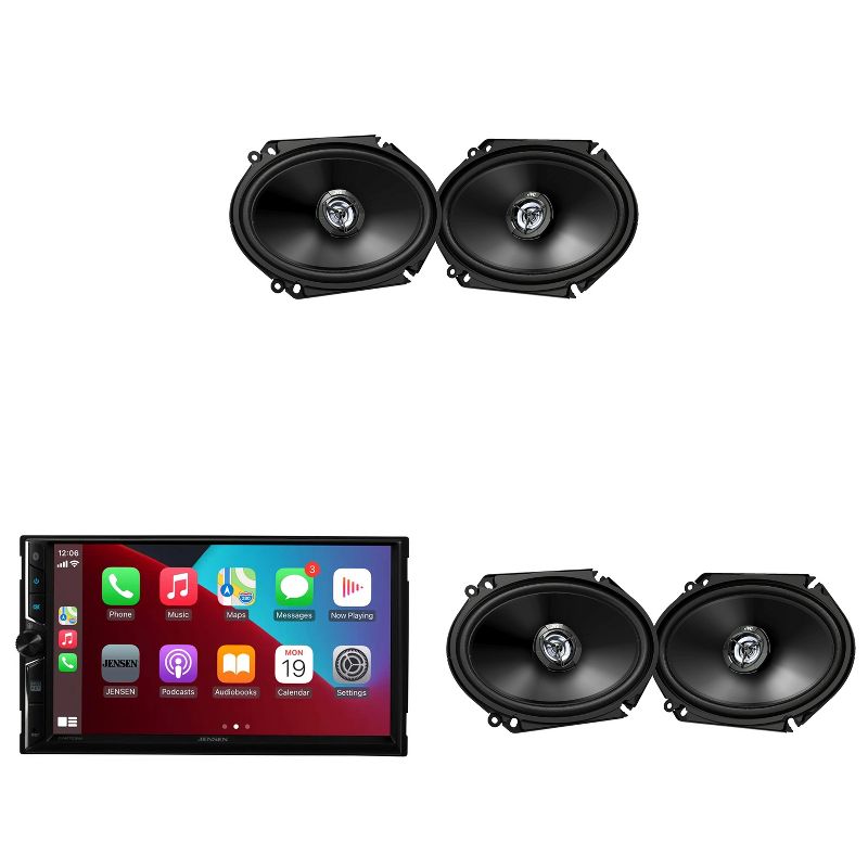 Jensen CAR723W 7" Touch Screen Digital Multimedia Receiver Wireless or Wired Apple CarPlay and Android Auto Compatible with 2 Pairs JVC CS-DR6821 3..., 1 of 4