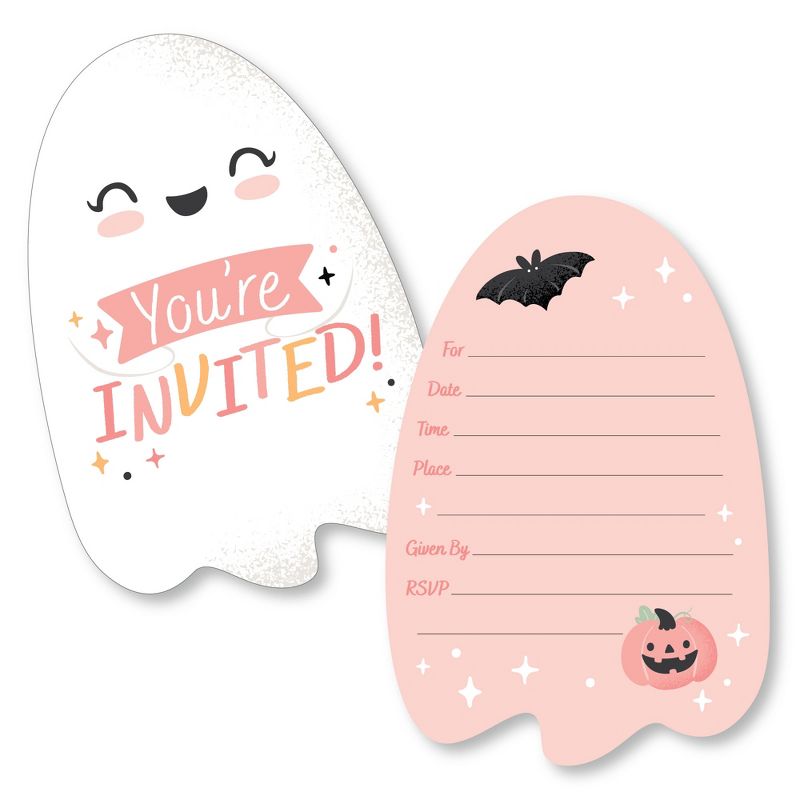 Big Dot of Happiness Pastel Halloween - Shaped Fill-In Invitations - Pink Pumpkin Party Invitation Cards with Envelopes - Set of 12, 1 of 8