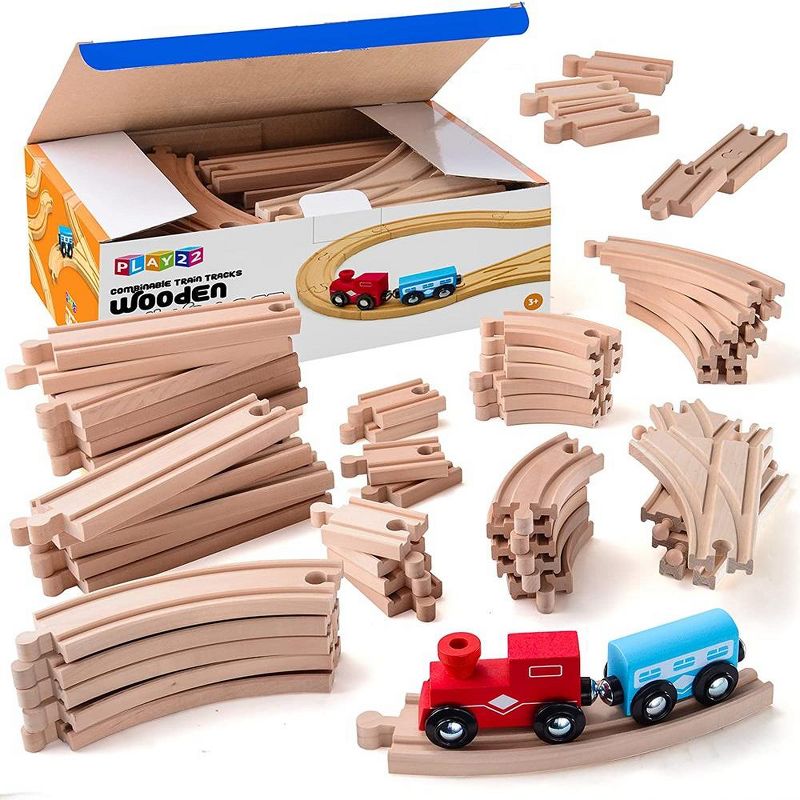 Wooden Train Tracks - 52 PCS Wooden Train Set for Kids Plus 2 Bonus Toy Trains - Play22USA, 1 of 11
