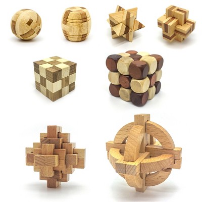 PICASSO-TILES 8 Pc Style Wooden Burr Cube Brain Teaser Puzzle, Memory Game, Educational Toy Set