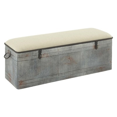 Gray Galvanized Metal Storage Bench with Beige Upholstered Seat