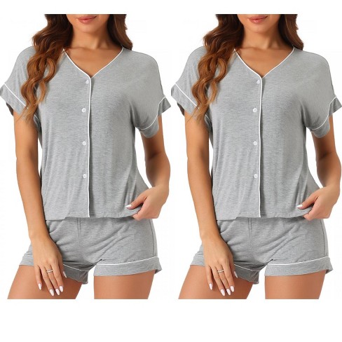 cheibear Women's Modal Button Up Short Sleeve T-shirt and Shorts Pajama Sets 2 Pcs - image 1 of 4