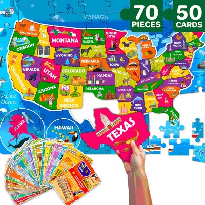 QUOKKA 70 Pieces Jigsaw Puzzles for Kids 4 5 6 Years Old - 400+ Facts on 50 Double-Sided Flashcards | Learn World| Education Activity Gift