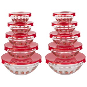 Classic Cuisine 20-Piece Strawberry Design Glass Bowls with Lids Set - 1 of 4