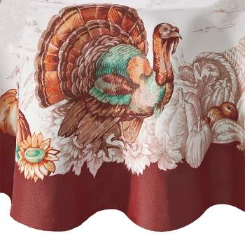 Holiday Turkey Bordered Fall Tablecloth - White/Red - Elrene Home Fashions