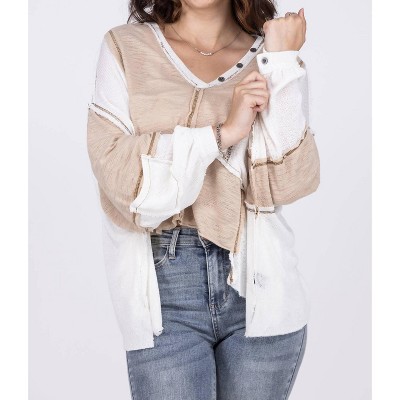 Women's Open Arms Wo's V-Neck Textured Long Sleeve Top - POL