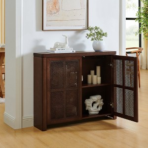 Gulches 39.4 Inch Mid Century Modern Rattan Sideboard Buffet Cabinet 2 Outlet Holes Pop-Up Doors Retro Storage for Multi Room Use Walnut - 1 of 4