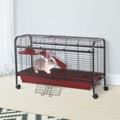 PawHut Red and Black Small Animal Cage with Ramp and Feeder