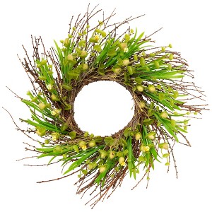 Northlight Budding Flowers, Leaves and Twigs Artificial Floral Wreath - 20" - Yellow - 1 of 4