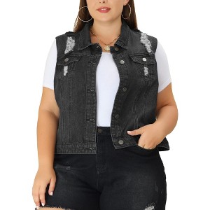 Agnes Orinda Women's Plus Size Buttons with Two Chest Flap Pockets Denim Vests - 1 of 4