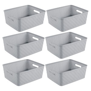 Sterilite 14'' x 11.5'' x 5'' Rectangular Weave Pattern Short Basket with Handles for Bathroom, Laundry Room, Pantry, & Closet, Cement (6 Pack) - 1 of 4