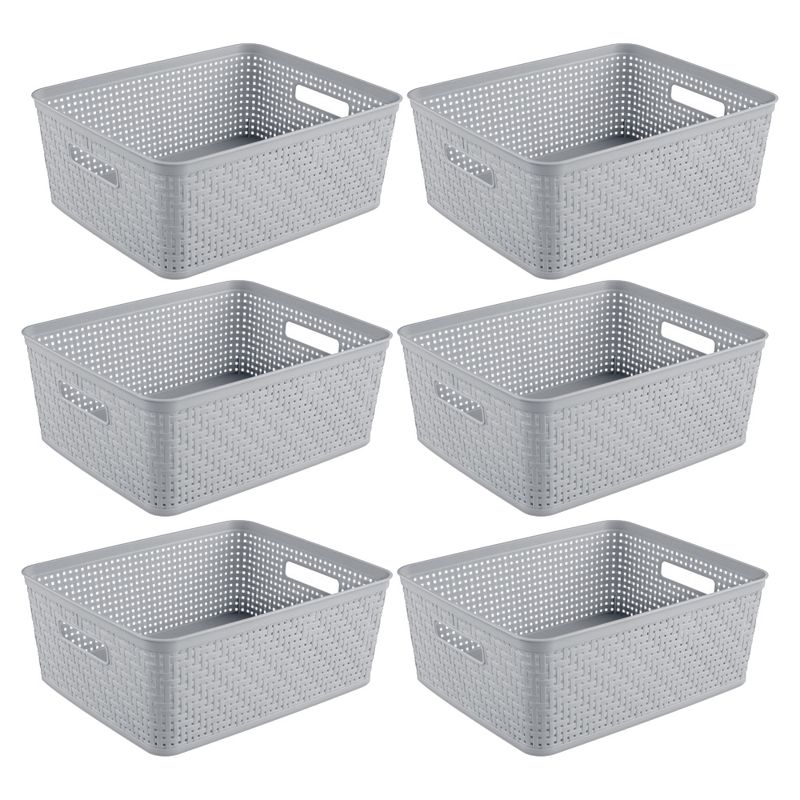 Sterilite 14'' x 11.5'' x 5'' Rectangular Weave Pattern Short Basket with Handles for Bathroom, Laundry Room, Pantry, & Closet, Cement (6 Pack), 1 of 7