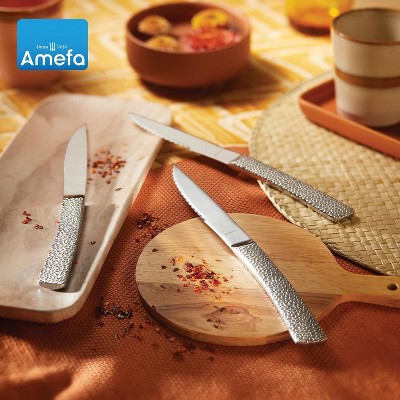 Amefa Bongo Steak Knives, Set of 6, Premium Hardened Stainless Steel, Hammered Ergonomic Handle Design, Micro Serrated Edge 4 Inch Blade Steak Knife