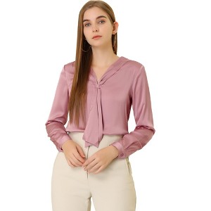Allegra K Women's Satin Tie Neck Long Sleeve Solid Color Elegant Office Shirt - 1 of 4