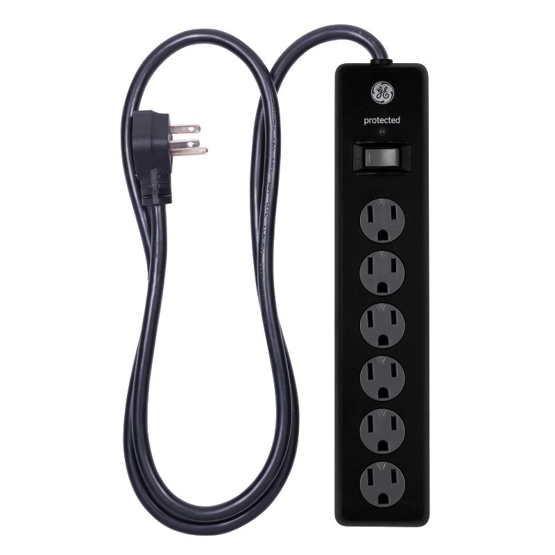 GE 6 Outlet Surge Protector with 4&#39; Extension Cord Twist To Close Safety Covers Black, 1 of 8