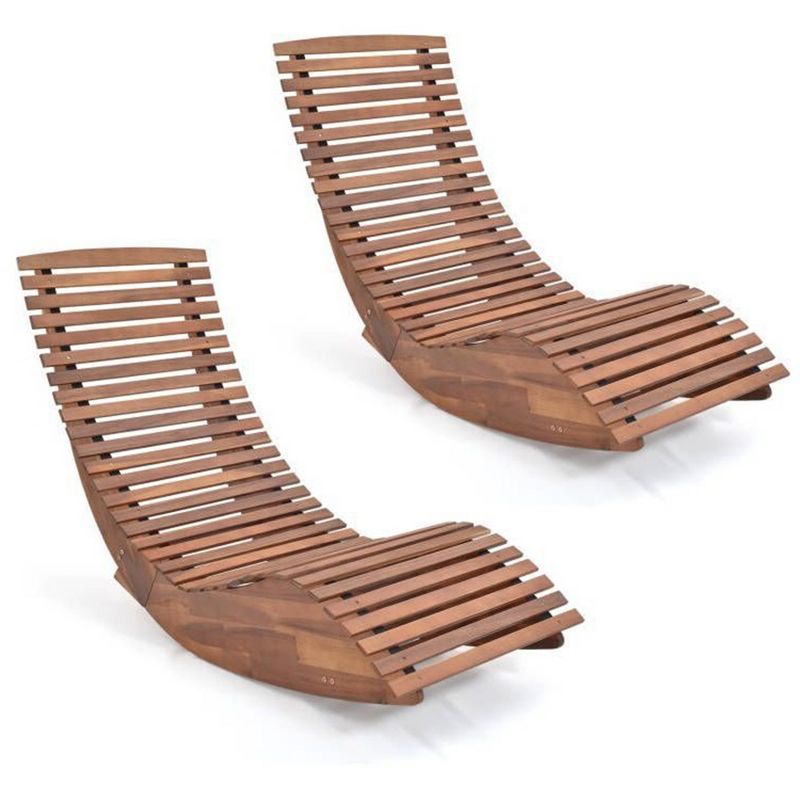 Tangkula Set of 2 Acacia Wood Patio Chaise Lounge Chair Outdoor Rocking Chair w/ Slatted Design, 1 of 11