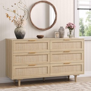 Angel Sar Rattan Dresser for Bedroom, Boho Dresser with Golden Handles & Hand Woven Rattan Design, Oak - 1 of 4