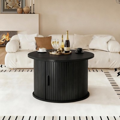 WOWLIVE Lift Top Coffee Table with Sliding Tambour Door, Round Fluted Coffee Table with Hidden Storage, Center Table for Living Room