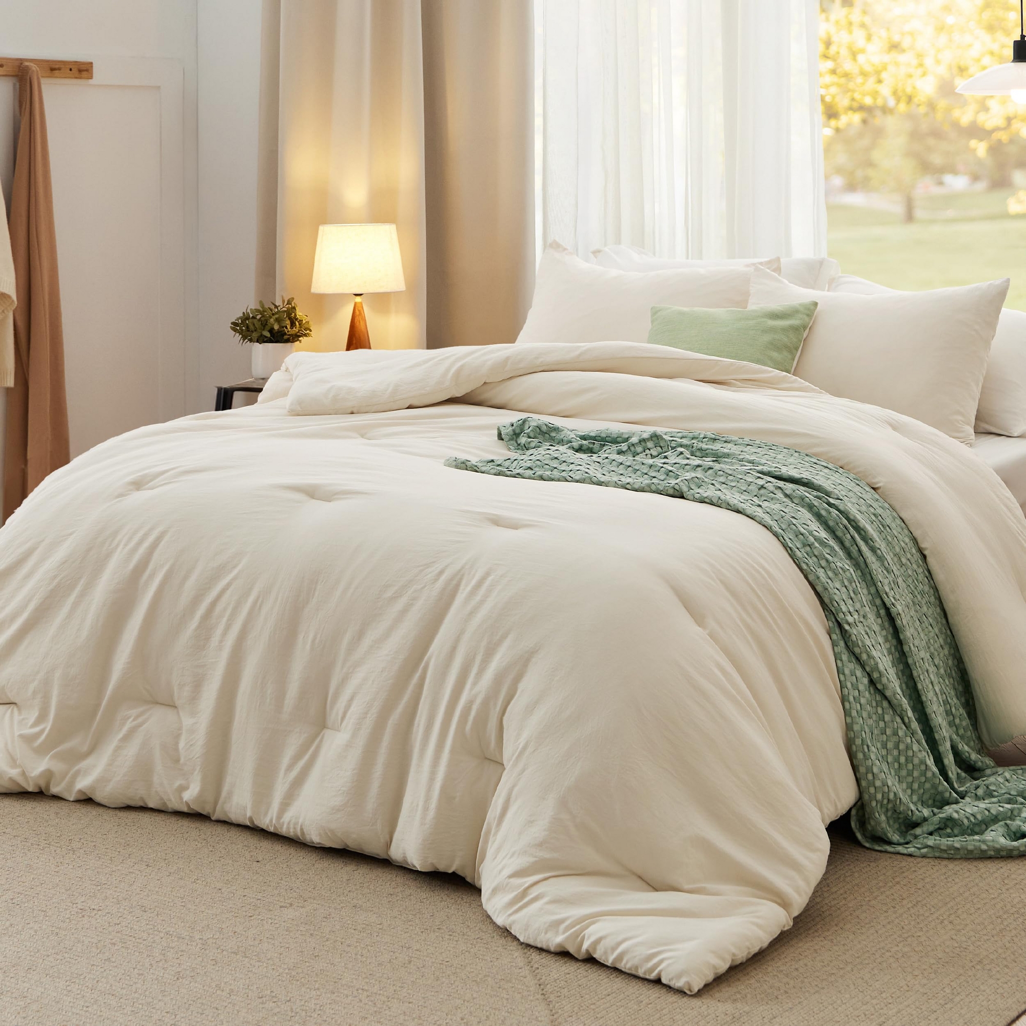 Bedsure Queen Size Comforter Set Light Beige Soft Prewashed Bedding for All Seasons 3 Pieces GentleSoft™ Warm Down Alternative Bed Set Valentine Gift