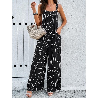Women's Printed Jumpsuit Square Neck Overalls Loose Fit Wide Leg Jumpsuit With Pockets