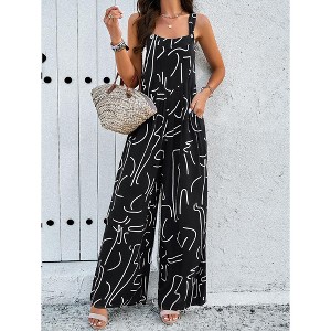 Women's Printed Jumpsuit Square Neck Overalls Loose Fit Wide Leg Jumpsuit With Pockets - 1 of 4