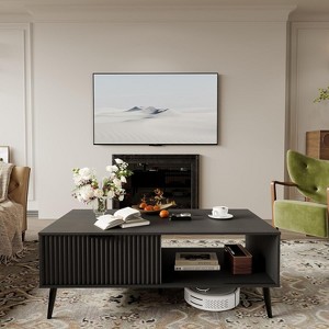 2-Tiers Coffee Table, 41.34''L Farmhouse Coffee Tables With Storage and Sliding Wave Pattern Door, Modren Tea Table, Wood - 1 of 4