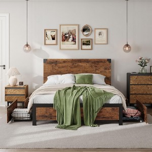 Wood Bed Frame Full Size with Headboard and 4 Storage Drawers, Noise-Free Slats, Heavy Duty - 1 of 4