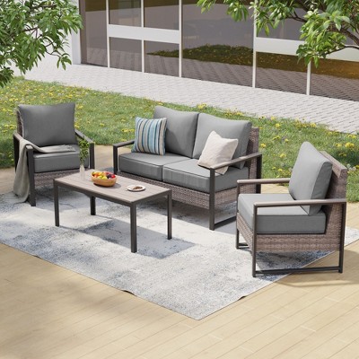 Sonkuki Outdoor Furniture Set Patio Conversation Sofa with Coffee Table Set, All-Weather PE Rattan Couch with Cushion