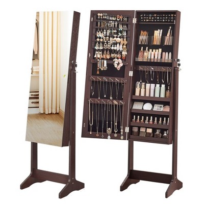 SONGMICS Mirrored Jewelry Cabinet Armoire Freestanding Lockable Storage Box Organizer Unit with Full-Length Frameless Mirror