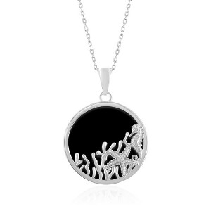 Bella Silver Sterling Silver Round Onyx with Starfish and Seahorse 18" Pendant Necklace - Black - 1 of 2