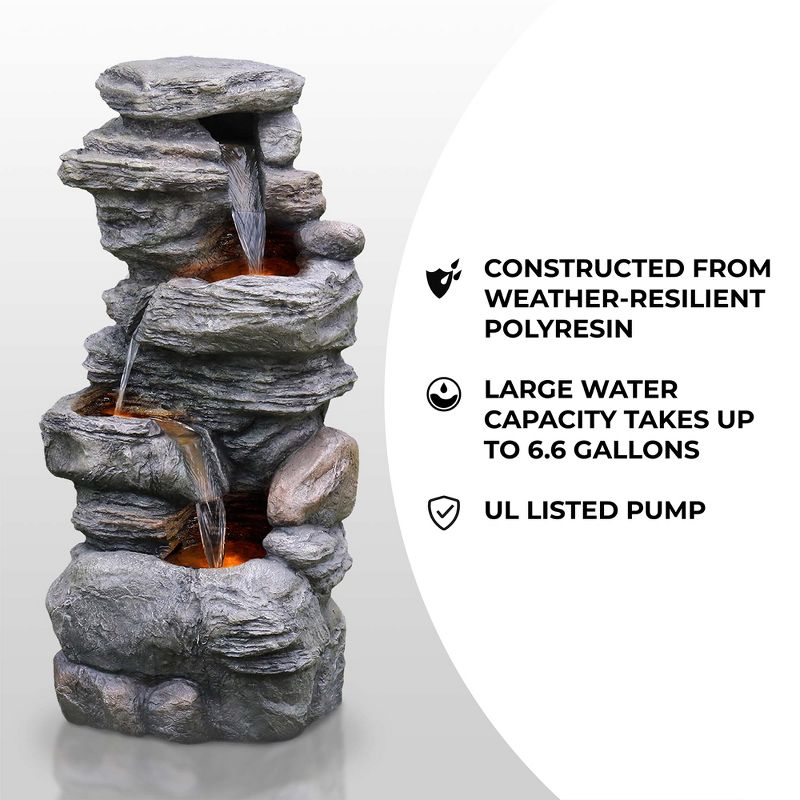Teamson Home 39.37" Outdoor Faux Stone 4-Tier Water Fountain with LED, Gray, 4 of 14